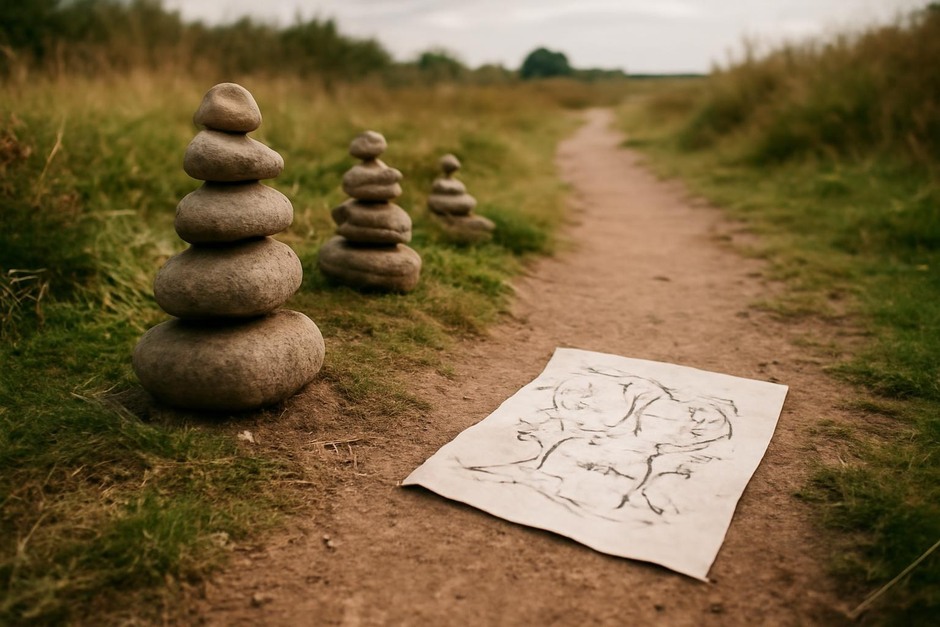 A line of small stone cairns beside a footpath with a hand-drawn map on paper